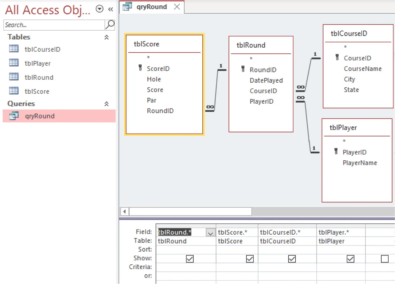 qryRound is selected from Queries. Connected queries for tblScore, tblRound, tblCourseID, and tblPlayer are displayed. Table at bottom shows columns with tblRound.*, tblScore.*, tblCourseID.* and tblPlayer.* in Field and Table: rows.
