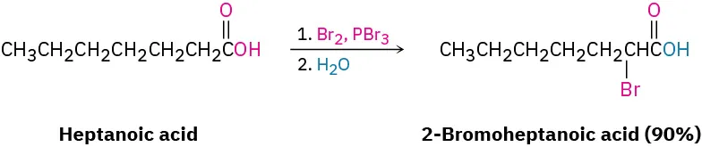 Heptanoic acid reacts with bromine, phosphorus tribromide, to form 2-bromoheptanoic acid in 90 percent yield