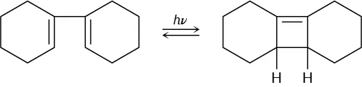 A reactant in which two cyclohexene rings are bonded together at C 1 reacts with light to form a product where cyclobutene is fused between two cyclohexane rings.