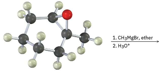 The ball-and-stick model of the reactant having a six-membered ring fused with an epoxide ring reacts with methyl magnesium bromide, ether, and hydronium ion. The product is unknown.