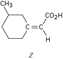 The structure labeled Z shows C1 of a cyclohexane ring double bonded to carbon, which is bonded to a carboxylic acid group (up). C3 (up) is bonded to a methyl group.