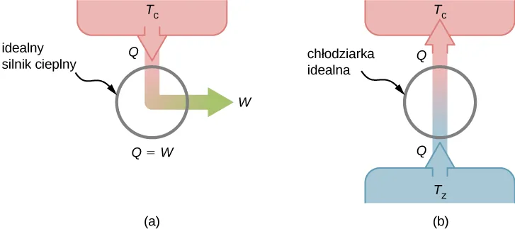 Część a pokazuje schemat idealnego silnika cieplnego ze strzałką Q skierowaną w dół, wychodzącą ze zbiornika o temperaturze T h, oraz strzałką W skierowaną w prawo z podpisem W jest równe Q. Część b to schemat chłodziarki idealnej ze strzałką Q skierowaną w górę, wychodzącą ze zbiornika o temperaturze T c, oraz strzałką Q skierowaną również w górę, która prowadzi do zbiornika o temperaturze T h.