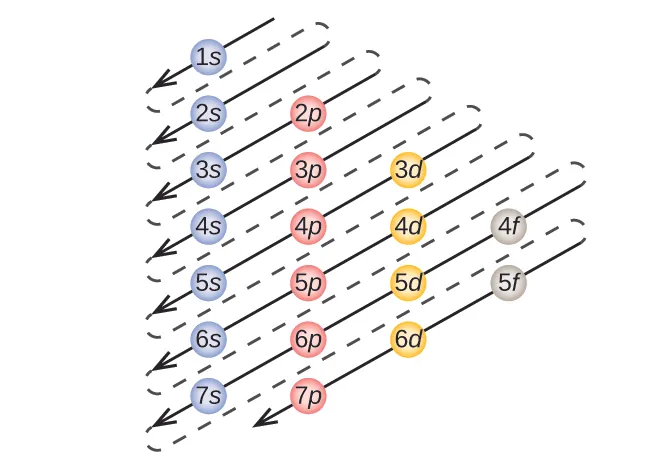 This figure includes a chart used to order the filling of electrons into atoms. At the top is a blue circle labeled “1 s.” In a row beneath this circle are 6 additional blue circles labeled “2 s” through “7 s.” A column to the right begins just right of 2 s and contains pink circles labeled 2 p through 7 p. A column to the right begins just right of 3 p and contains yellow circles labeled 3 d through 6 d. No circles are placed to the right of the 7 s and 7 p circles. A final column on the right begins right of 4 d. It includes grey circles labeled, “4 f” and, “5 f.” No circles are placed right of 6 d. Through these circles, arrows are included in the figure pointing down and to the left. The first arrow begins in the upper right and passes through 1 s. The second arrow begins just below and passes through 2 s. The third arrow passes through 2 p and 3 s. The fourth arrow passes through 3 p and 4 s. This pattern of parallel arrows pointing downward to the left continues through all circles completing the pattern 1 s 2 s 2 p 3 s 3 p 4 s 3 d 4 p 5 s 4 d 5 p 6 s 4 f 5 d 6 p 7 s 5 f 6 d 7 p.