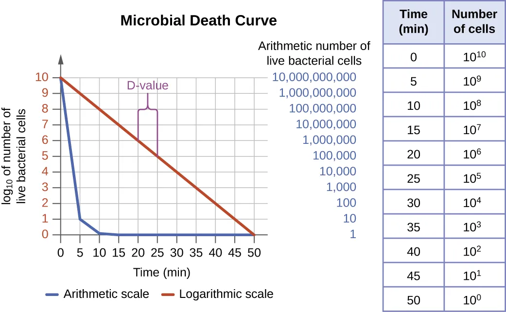 A table showing a decrease in number as microbial cells die. Description below.