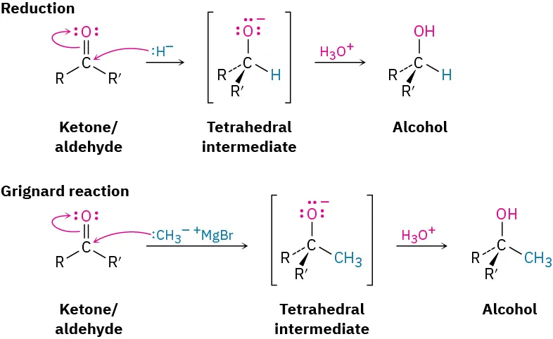 Reduction reaction involves ketones or aldehydes converting to alcohols. The Grignard reaction involves the conversion of ketones or aldehydes to alcohols. Both reactions progress via a tetrahedral intermediate.