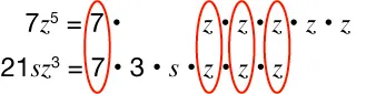 Two math equations: 7z⁵ = 7 · z · z · z · z · z, and 21sz³ = 7 · 3 · s · z · z · z. The z terms are highlighted with red ovals to show repeated multiplication.