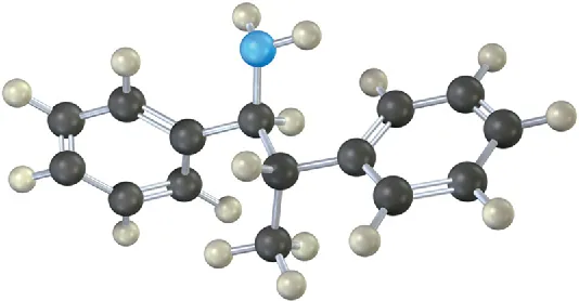 A ball-and-stick model of a three-carbon chain with benzene rings on C 1 and C 2, and an N H 2 group on C 1.