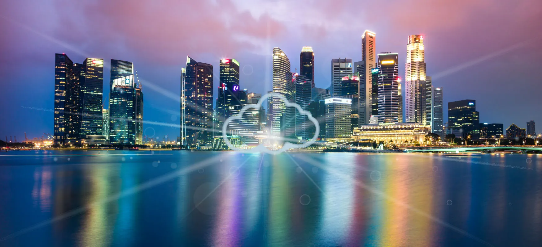 Photo of skyline of city on water, with image of cloud in middle, with rays projecting out to the edges of the photo.