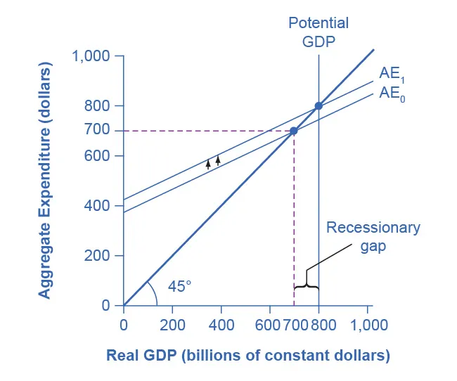 The graph shows the multiplier effect in the expenditure-output model: an increase in expenditure has a larger increase on the equilibrium output.