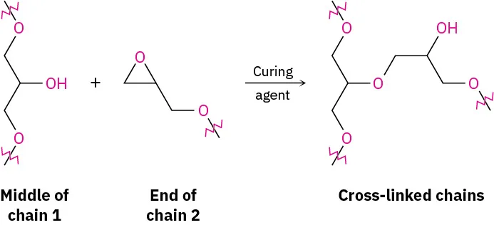 Middle of chain 1 in prepolymer combining with the end of chain 2 using curing agent, forming cross-linked chains via oxygen bonding with free bonds.