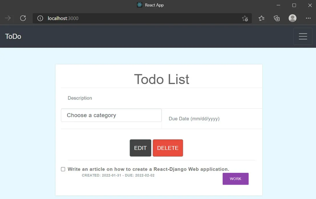 Screenshot of user interface page for ReactJS.