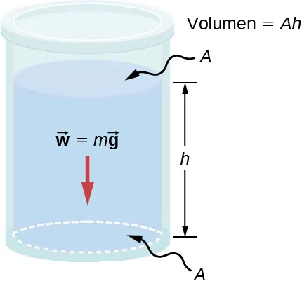 La figura A es un dibujo de un recipiente. El fondo del recipiente tiene un área A. El recipiente se llena con el líquido hasta la altura h. En el texto a la derecha del contenedor se lee “volumen es igual a A por h”.