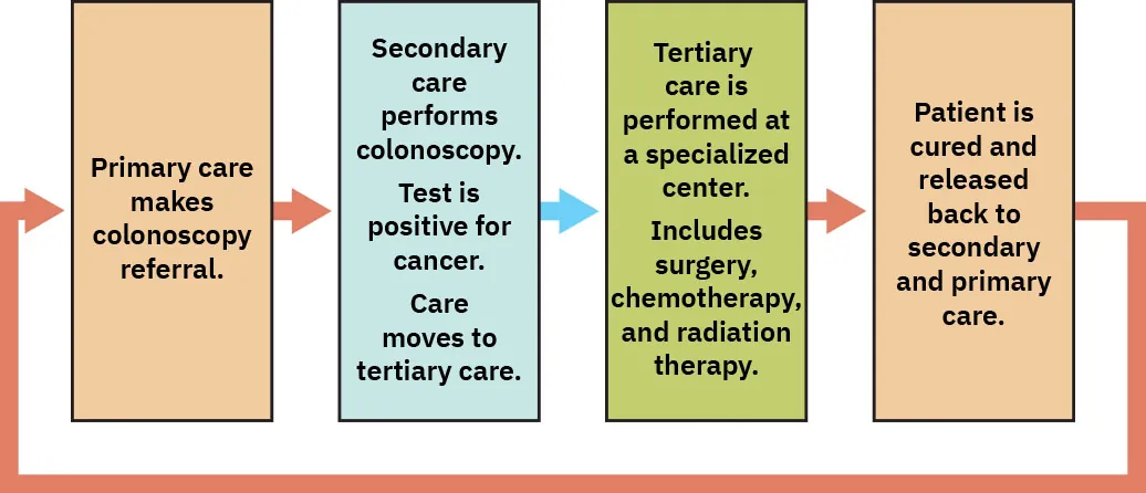 Diagram consisting of four boxes connected by arrows. The first box is labeled “Primary care makes colonoscopy referral.” An arrow connects to the second box, labeled “Secondary care performs colonoscopy. Test is positive for cancer. Care moves to tertiary care.” An arrow connects to the third box, labeled “Tertiary care is performed at a specialized center. Includes surgery, chemotherapy, and radiation therapy.” An arrow connects to the fourth box, labeled, “Patient is cured and released back to primary and second care.” An arrow loops around and points back to the first box.