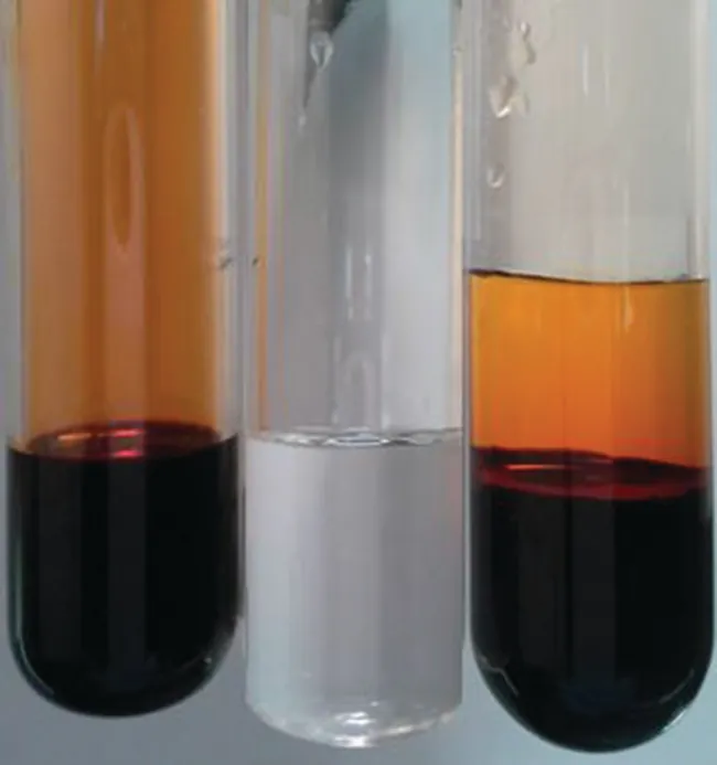 This figure shows three test tubes. The first test tube holds a dark orange-brown substance. The second test tube holds a clear substance. The amount of substance in both test tubes is the same. The third test tube holds a dark orange-brown substance on the bottom with a lighter orange substance on top. The amount of substance in the third test tube is almost double of the first two.