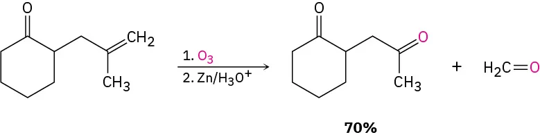 2-methyl-1-propene with C 3 attached to C 2 of cyclohexanone reacts with ozone, then zinc and hydronium, to product with oxo where double bond C H 2 was, plus formaldehyde.