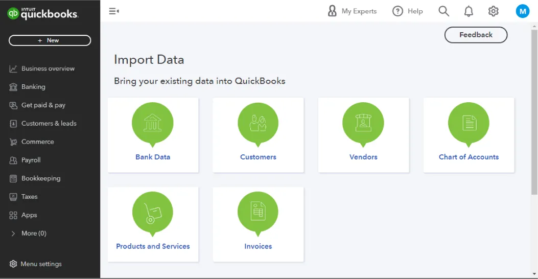 Intuit QuickBooks displays Import Data page (Bring your existing data into QuickBooks) with selection options: Bank Data, Customers, Vendors, Chart of Accounts, Products and Services, and Invoices.