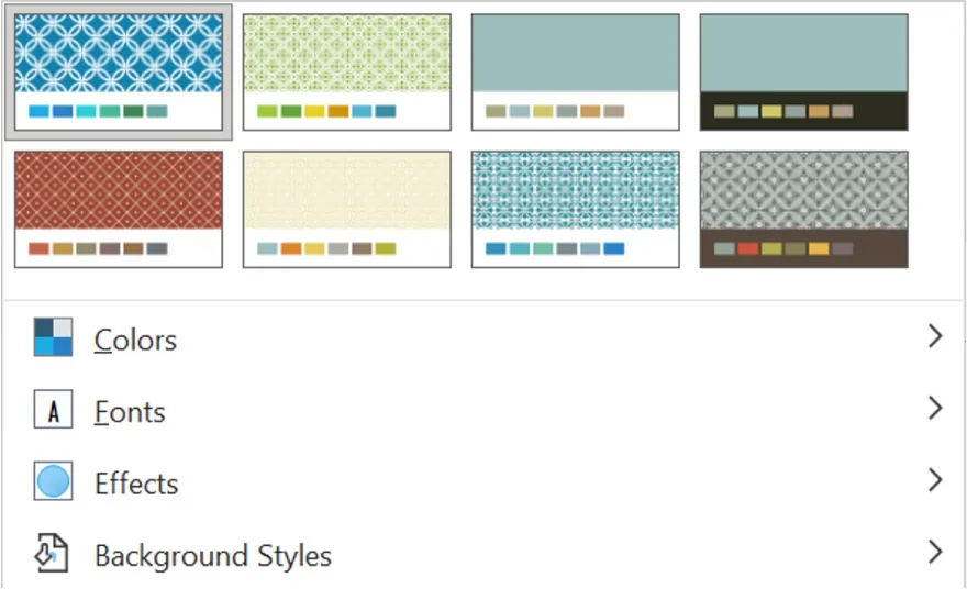 A screenshot of the Variants command group lists these options: Colors, Fonts, Effects, and Background Styles as well as thumbnail images.