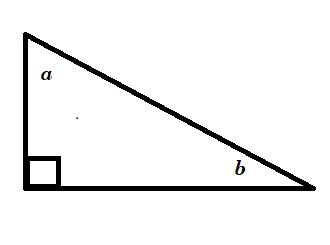 A right triangle with angle measures a, b, and ninety degrees.