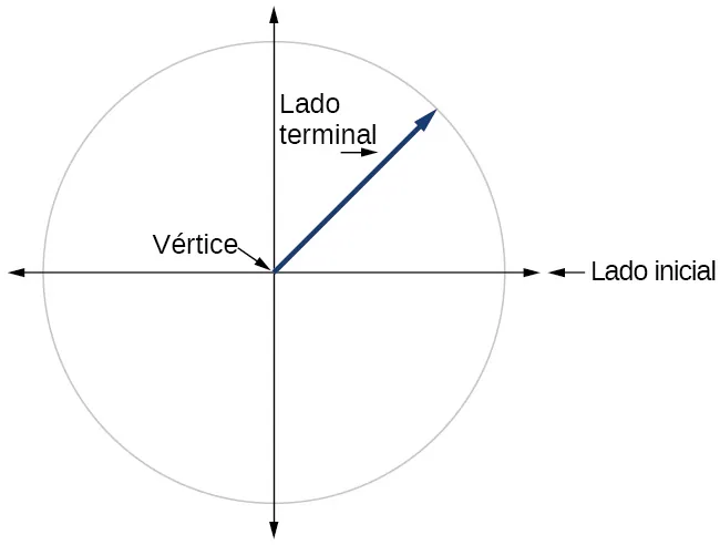 Gráfico de un círculo con un ángulo inscrito, donde se muestra el lado inicial, el lado terminal y el vértice.