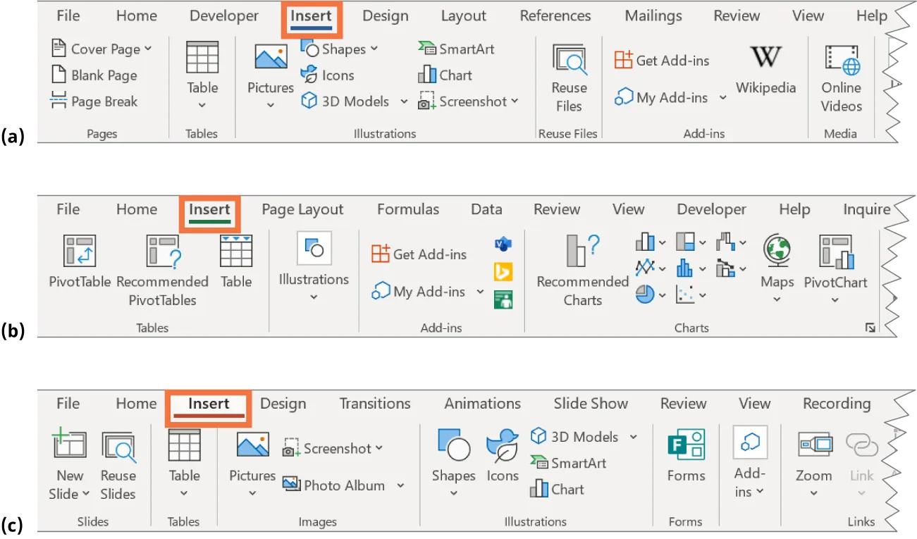(a) Word Insert tab includes Pages, Tables, Illustrations, Reuse Files, Add-ins, Media. (b) Excel Insert tab includes Tables, Illustrations, Add-ins, Charts. (c) PowerPoint Insert tab includes Slides, Tables, Images, Illustrations, Forms, Links.