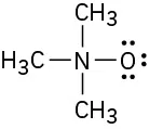 A central nitrogen atom is bonded to three methyl groups and an oxygen atom, featuring three lone pairs.