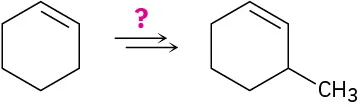 Cyclohexene reacts with an unknown reactant represented by a question mark to form 3-methyl-1-cyclohexene.