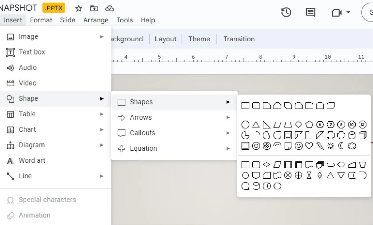 A screenshot of Insert selected from the Google Slides tab opens to a pane with Shape selected. At the right, a pane with Shapes selected opens to a variety of different shapes.