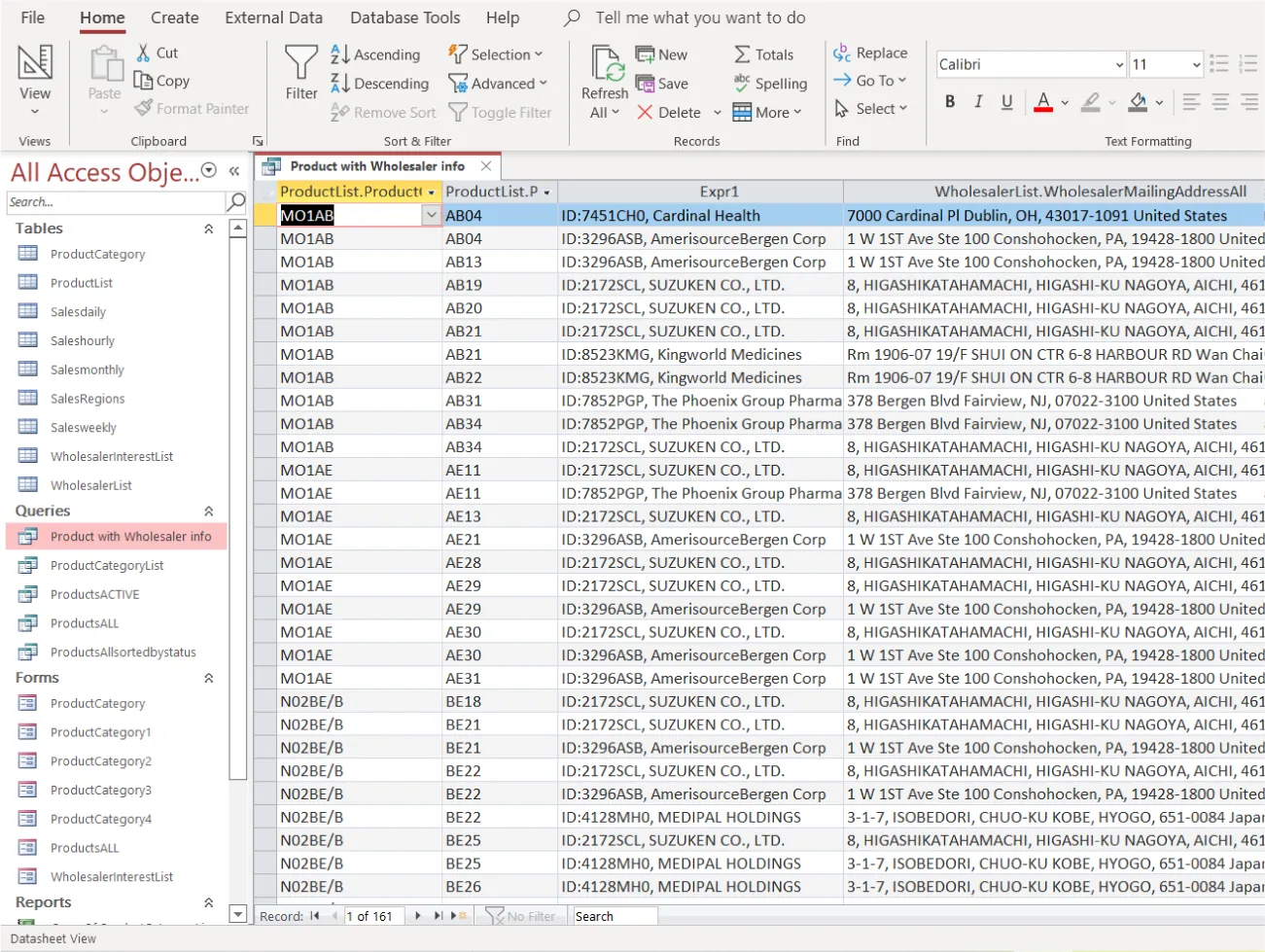 Product with Wholesaler info is selected in Queries of the All Access sidebar. Product with Wholesaler Info tab open in window with columns of information for ProductList.Product, ProductList.P, Expr1, and WholesalerList.WholesalerMailingAddressAll.