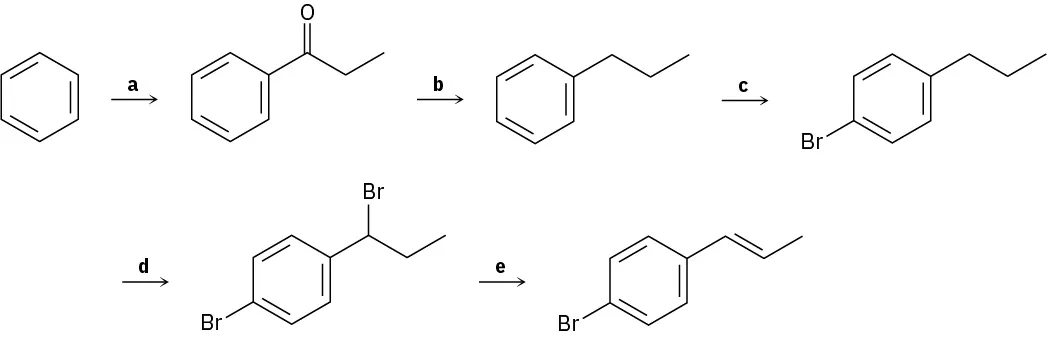 A five-step process converting benzene to a product comprising of a benzene ring with a three carbob chain in which there is a double bond between C 1 and C 2. The steps are labeled from a to e.