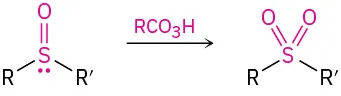Sulfoxide reacts with R C O 3 H to form a product in which sulfur is double-bonded with two oxygen atoms and singly bonded with R and R dash groups.