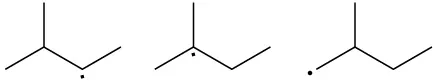 Three structures of isopentane radical with the radical on the C3, C2, and C1 positions, respectively.