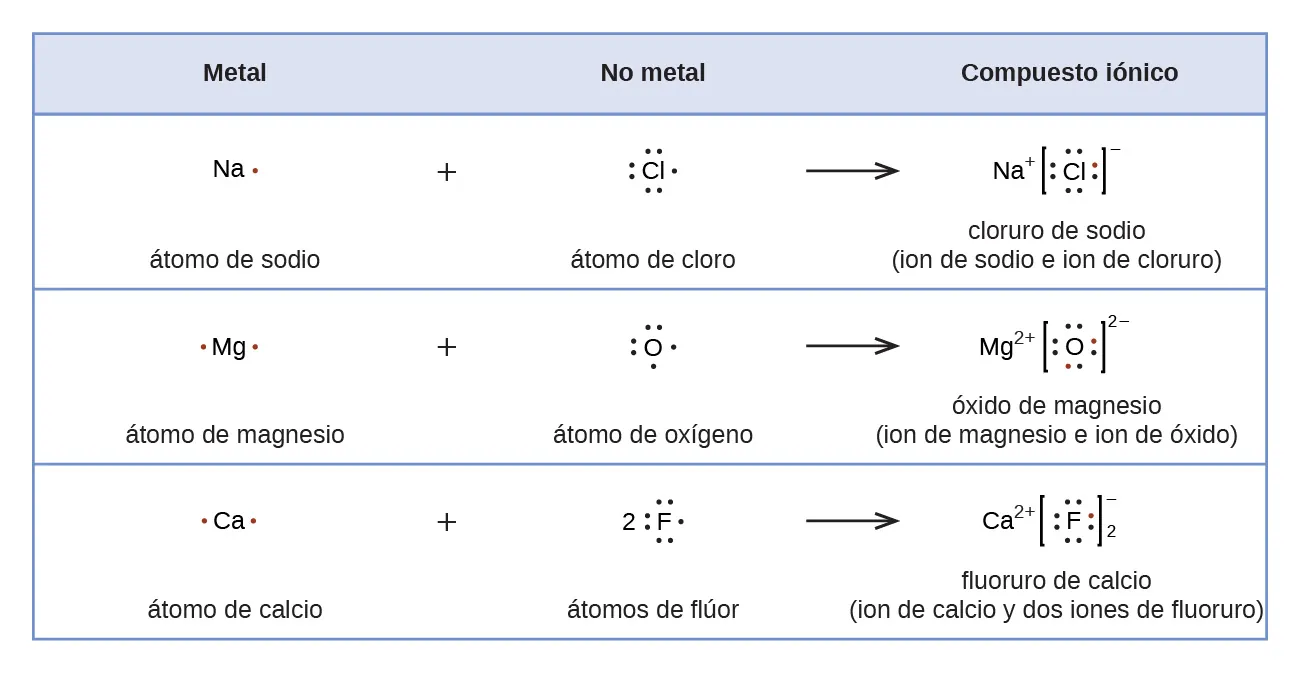 Se muestra una tabla con cuatro filas. La fila del encabezado dice "Metal", "No metal" y "Compuesto iónico". La segunda fila muestra las estructuras de Lewis de una reacción. Un símbolo de sodio con un punto, un signo positivo y un símbolo de cloro con siete puntos se encuentran a la izquierda de una flecha orientada hacia la derecha. A la derecha de la flecha se dibuja un símbolo de sodio con un signo positivo en superíndice junto a un símbolo de cloro con ocho puntos entre corchetes con un signo negativo en superíndice. Uno de los puntos del átomo de C l es rojo. Los términos "átomo de sodio", "átomo de cloro" y "cloruro de sodio (ion sodio e ion cloruro)" se escriben debajo de la reacción. La tercera fila muestra las estructuras de Lewis de una reacción. Un símbolo de magnesio con dos puntos rojos, un signo positivo y un símbolo de oxígeno con seis puntos se encuentran a la izquierda de una flecha orientada hacia la derecha. A la derecha de la flecha se dibuja un símbolo de magnesio con un dos en superíndice y un signo positivo junto a un símbolo de oxígeno con ocho puntos, dos de ellos rojos, entre corchetes con un dos a como superíndice y un signo negativo. Los términos "átomo de magnesio", "átomo de oxígeno" y "óxido de magnesio (ion de magnesio e ion de óxido)" se escriben bajo la reacción. La cuarta fila muestra las estructuras de Lewis de una reacción. Un símbolo de calcio con dos puntos rojos, un signo positivo y un símbolo de flúor con un coeficiente de dos y siete puntos se encuentran a la izquierda de una flecha orientada hacia la derecha. A la derecha de la flecha se dibuja un símbolo de calcio con un dos en superíndice y un signo positivo, junto a un símbolo de flúor con ocho puntos, uno de ellos rojo, entre corchetes con un signo negativo en superíndice y un dos en subíndice. Los términos "átomo de calcio", "átomos de flúor" y "fluoruro de calcio (ion de calcio y dos iones de flúor)" se escriben bajo la reacción.