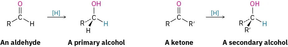 An aldehyde undergoes reduction to form a primary alcohol, a ketone undergoes reduction to form a secondary alcohol. In both cases, a bond to hydrogen is added to carbonyl carbon.