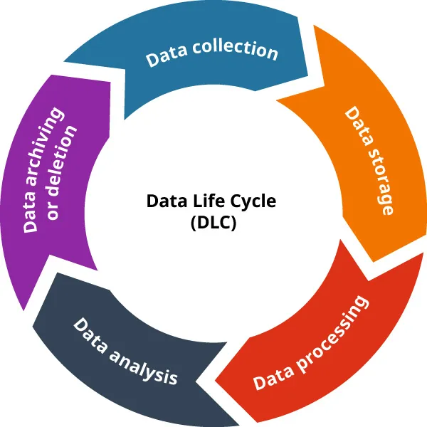 A diagram of the Data Life Cycle (DLC). Each component is part of a circle: Data collection, data storage, data processing, data analysis, data archiving or deletion.
