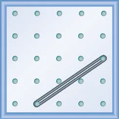 The figure shows a grid of evenly spaced pegs. There are 5 columns and 5 rows of pegs. A rubber band is stretched between the peg in column 2, row 5 and the peg in column 5, row 3, forming a line.