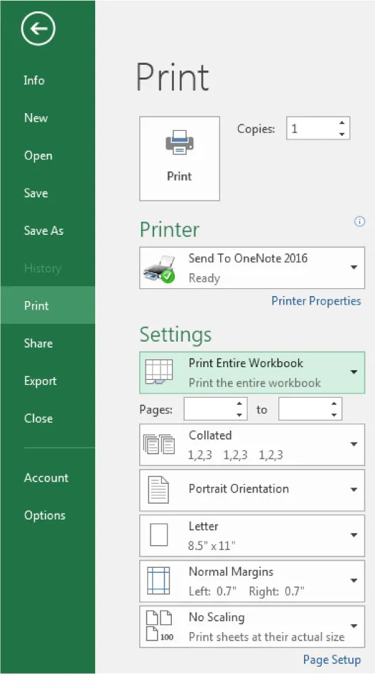 Print is selected and opens to options for Print, Copies, Printer, and Settings that include Print Entire Workbook, Pages, Collated, Portrait Orientation, Letter, Normal Margins, No Scaling, and Page Setup.