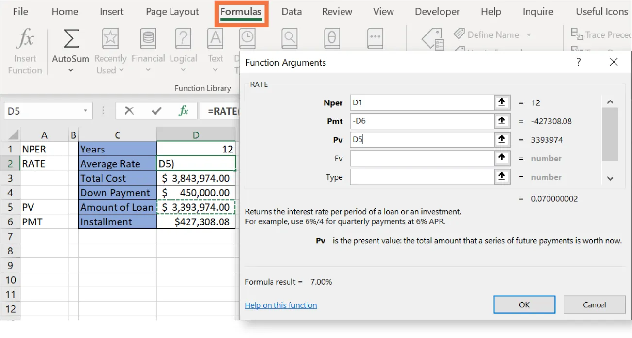 Function Arguments pane displays RATE options: Nper (D1 =12), Pmt (-D6 = -427308.08), Pv (D5 = 3393974), Fv, Type. Formula result = -7.00% is in the left corner. Spreadsheet visible in background.