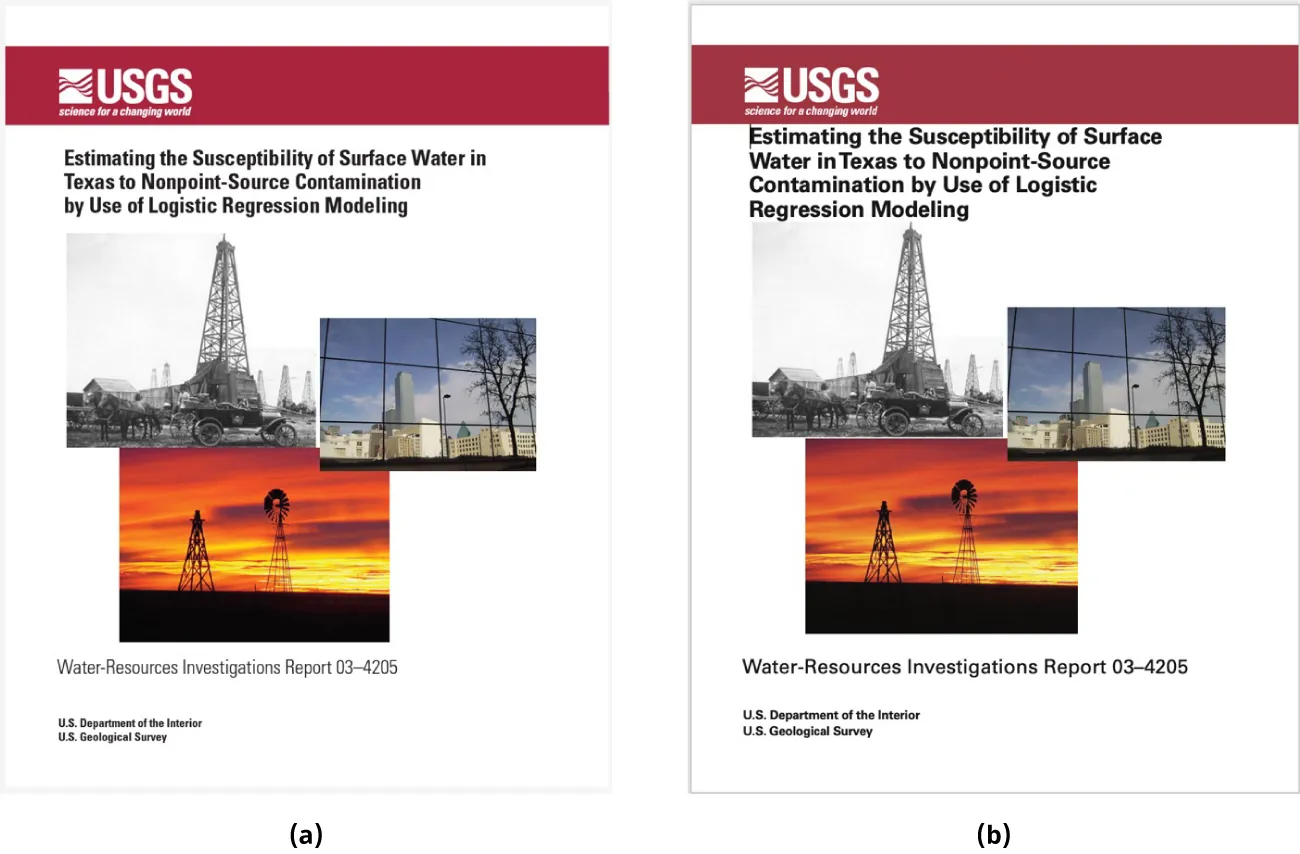 (a) PDF file displays images and text in various fonts/colors. (b) Word file is visible with images shifted slightly and fonts in different styles and sizes than in (a).