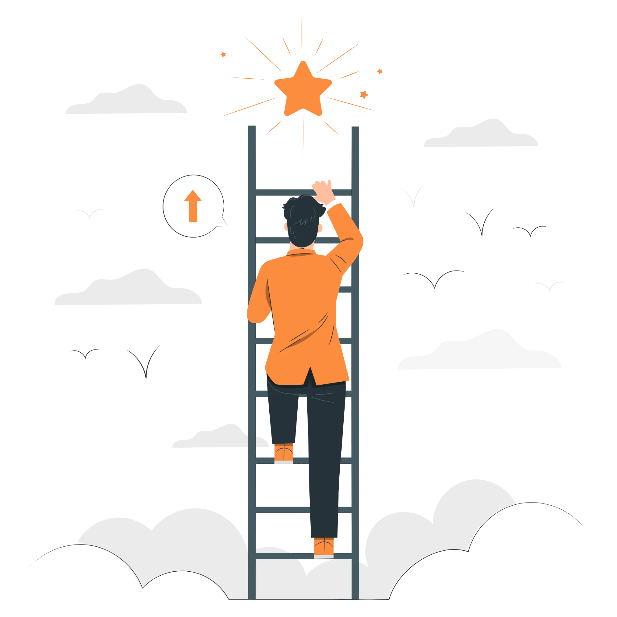 A person in an orange jacket climbs a ladder toward a glowing star in the sky, surrounded by clouds and birds, symbolizing reaching for goals or aspirations.
