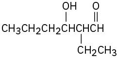 The structure of 2-ethyl-3-hydroxyhexanal shows a six-carbon chain with aldehyde on the first, ethyl on the second, and hydroxyl group on the third carbon.