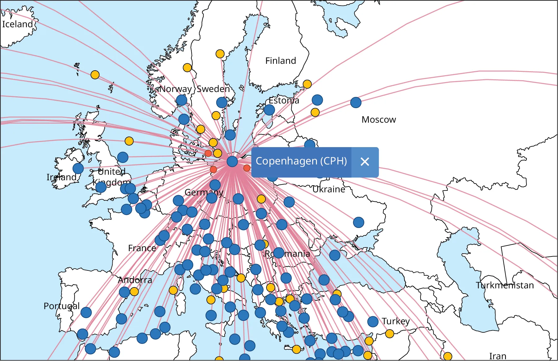 A map shows dots representing the flight connections from a particular airport.