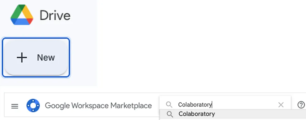 A screenshot of the Google Drive icon with an add new button. Below is the Google Workspace Marketplace menu with a magnifying glass and Colaboratory highlighted.