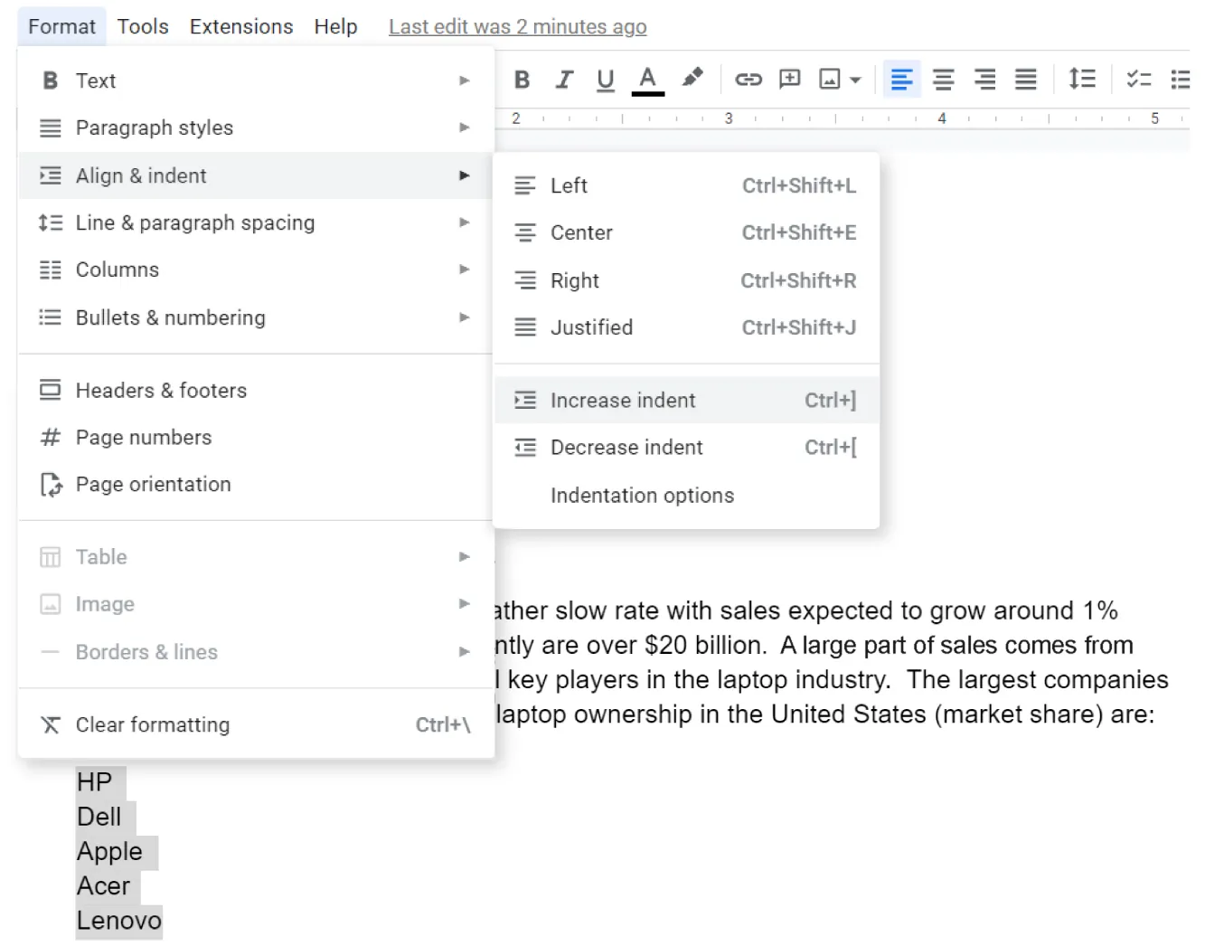 Format is selected and opens to options. Align & indent is selected, which lists options for: Left, Center, Right, Justified, Increase indent, Decrease indent, and Indentation options.