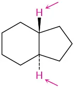 A cyclohexane ring is fused to a cyclopentane ring. The top and bottom fusion sites are wedge bonded to hydrogen (highlighted) and dash bonded to another hydrogen (highlighted), respectively.