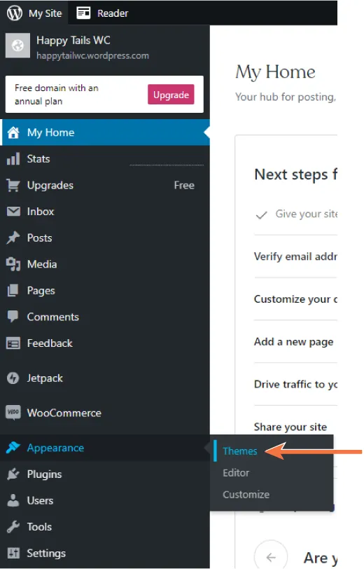 Appearance is selected and opens to options: Themes (selected), Editor, Customize.