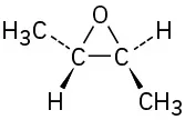 An oxirane drawn with oxygen on top, wedge hydrogen and dash methyl on left, and wedge methyl and dash hydrogen on right.