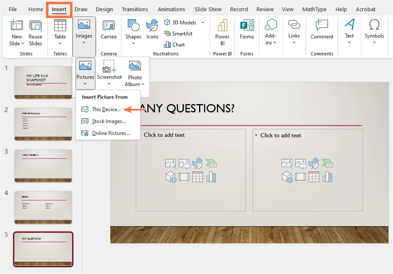 A PowerPoint screenshot of the editor clicking Insert, Images, Pictures, and then Insert Picture From This Device in a slide presentation. The slide contains no images.