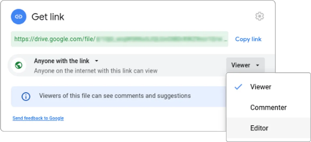 A Get link pane is open. Options open for Anyone with the link (Anyone on the internet with this link can view) include Viewer (selected), Commenter, and Editor.