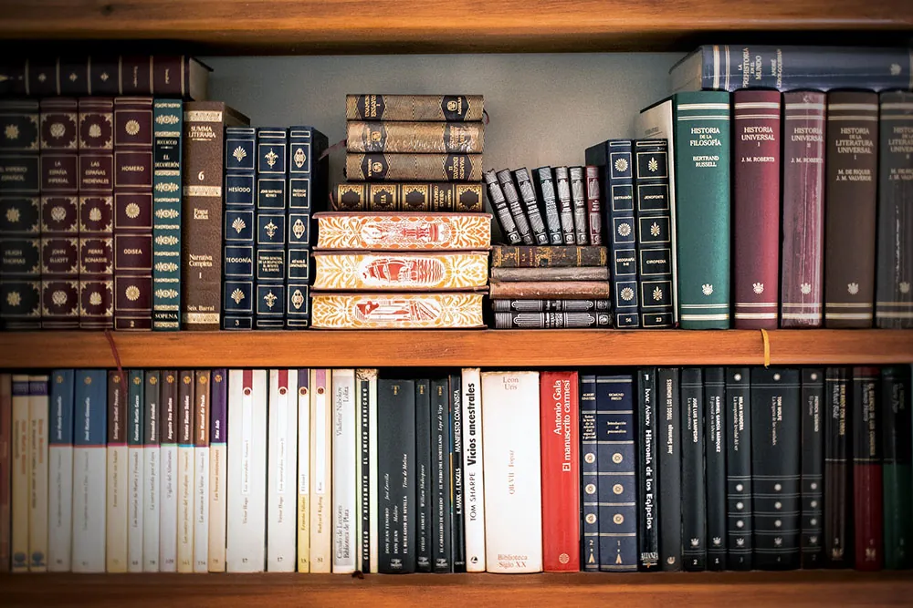 A photo of a bookshelf holding new and old books.