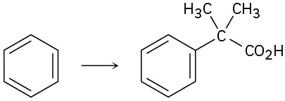 Benzene separated from 2-methyl-2-phenylpropanoic acid by a reaction arrow.